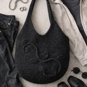 Black Textured Felt Shoulder Bag 3D Floral Appliqué Minimalist Y2K Boho